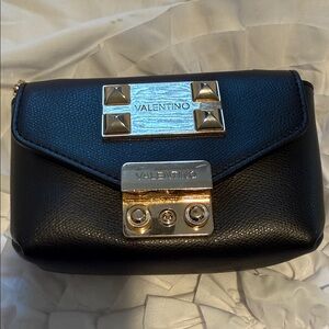 Valentino Black Leather Wristlet with gold Accents